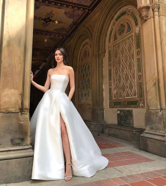 Bandeau high waist split temperament white dress Wedding Dresses fashion novaa