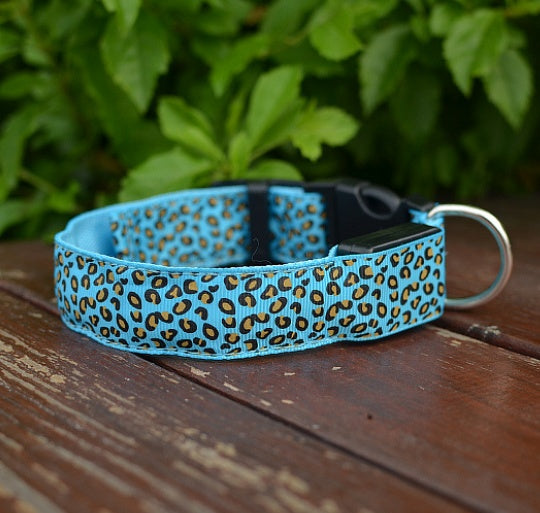 LED Dog Collar Safety Adjustable Nylon Leopard Pet Collar Pet peteezee L Blue