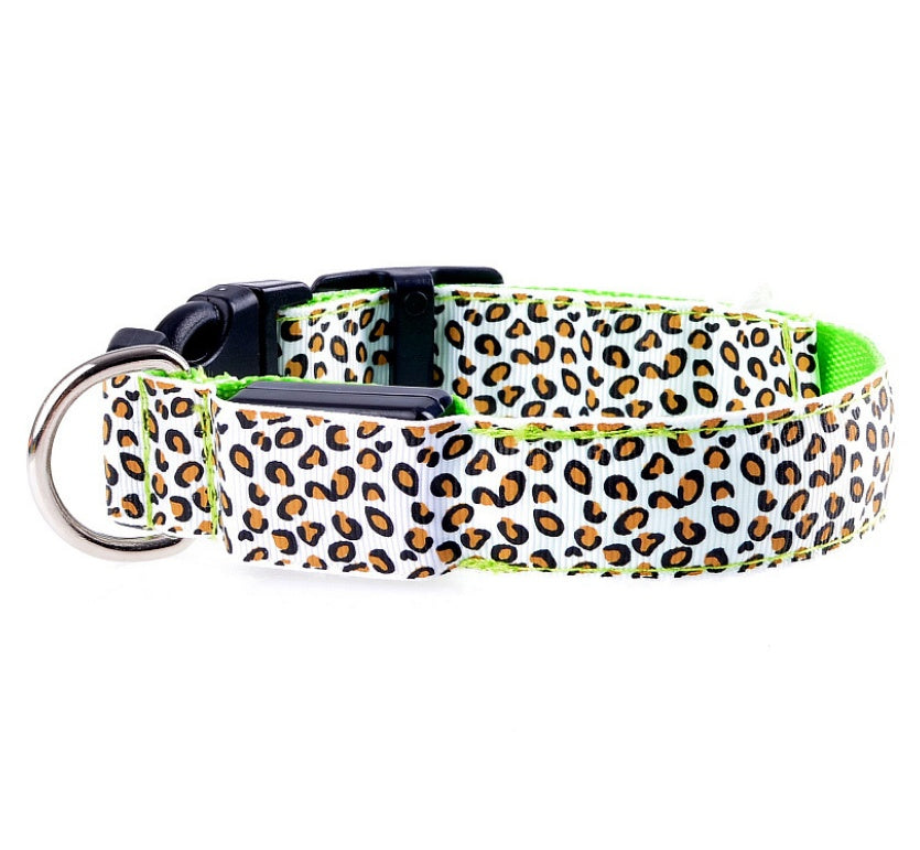 LED Dog Collar Safety Adjustable Nylon Leopard Pet Collar Pet peteezee L Green