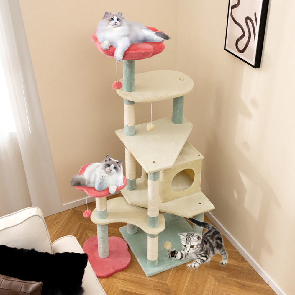 61 Inch Multi-Level Aesthetic Floral Kitten Tower With Flower-Shaped Padded Perch