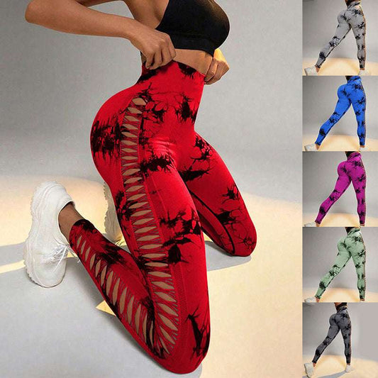 Hollow Tie Dye Printed Yoga Pants High Waist Butt Lift Seamless Sports Gym Fitness Leggings Slim Pants For Women Tight Trousers Yoga Pants fashion novaa