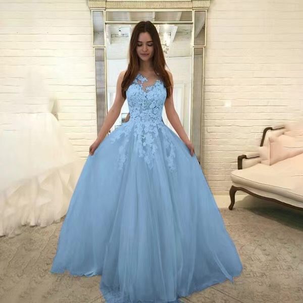 Women Wedding Dress Sleevless Flowers Lace Dress Wedding Dresses fashion novaa Blue 3XL
