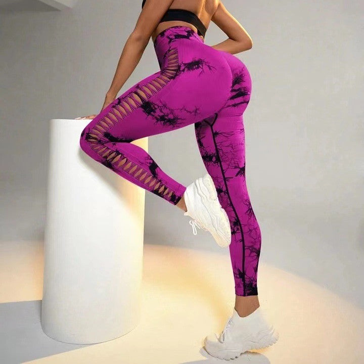 Hollow Tie Dye Printed Yoga Pants High Waist Butt Lift Seamless Sports Gym Fitness Leggings Slim Pants For Women Tight Trousers Yoga Pants fashion novaa