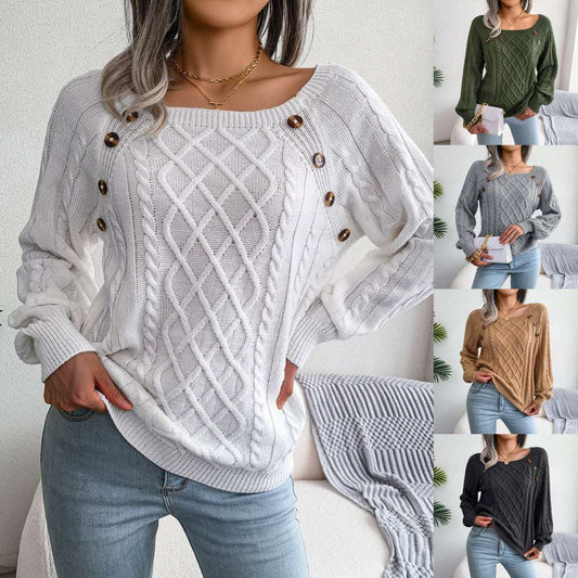 Square Neck Knitted Sweater With Button Design Winter Warm Long Sleeve Tops Women's Clothing dress fashion novaa