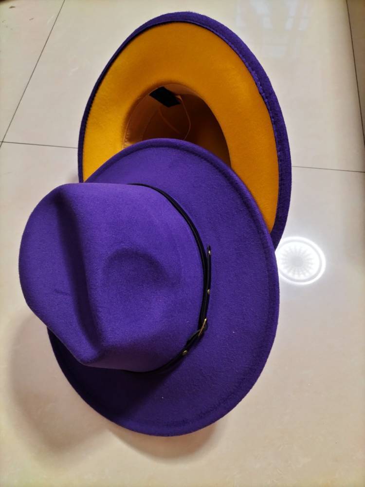 European And American Popular Woolen Top Color Matching Flat Brim Fedora Jazz Hat hat VISMERA Purple inner yellow M