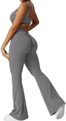 Women Sleeveless Flare Jumpsuits Fitness Yoga Long Pants Yoga Pants fashion novaa Light Gray 2XL