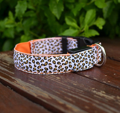 LED Dog Collar Safety Adjustable Nylon Leopard Pet Collar Pet peteezee L Orange