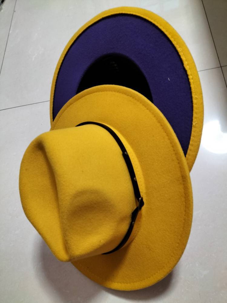 European And American Popular Woolen Top Color Matching Flat Brim Fedora Jazz Hat hat VISMERA A Yellow inner purple M