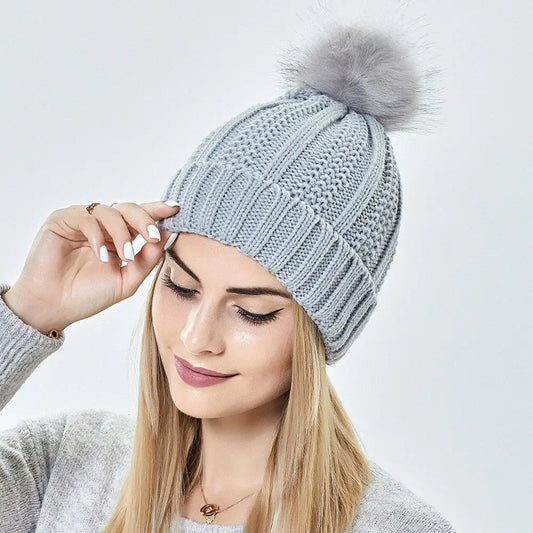 Fashion Stretchy Satin Lined Skull Knit Hats Beanie Hat For Women Faux Fur Pom Pom Hat Winter Keep Warming Beanie Hat Trending Products fashion novaa