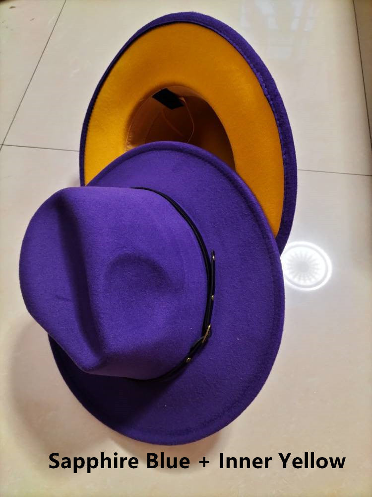 European And American Popular Woolen Top Color Matching Flat Brim Fedora Jazz Hat hat VISMERA Sapphire Blue Inner Yellow M