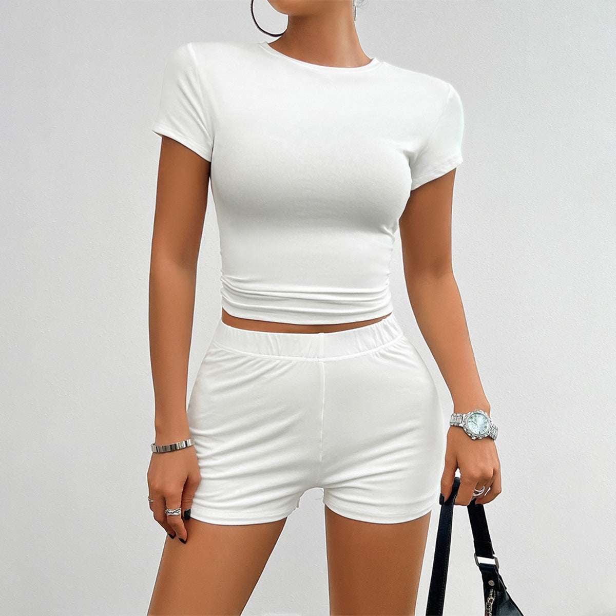 Solid Color Slim Sports Suit Summer 2Pcs Short-sleeved Round Neck T-shirt And Elastic Shorts Fashion Womens Clothing dress fashion novaa White L