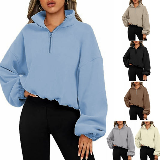 Loose Sport Pullover Hoodie Women Winter Solid Color Zipper Stand Collar Sweatshirt Thick Warm Clothing Trench Coat fashion novaa
