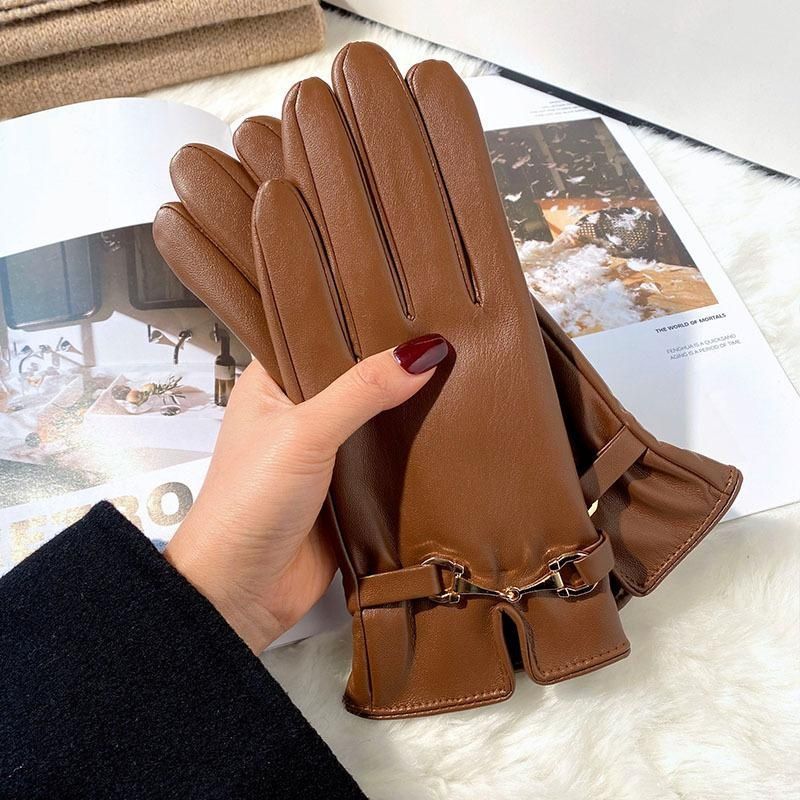 Gloves Women's Winter Warm Plus Fleece Gloves PU Gloves Women's VISMERA Brown One size