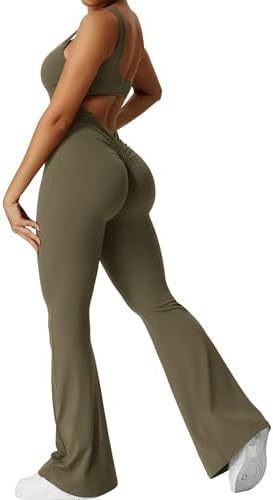 Women Sleeveless Flare Jumpsuits Fitness Yoga Long Pants Yoga Pants fashion novaa Army Green 2XL