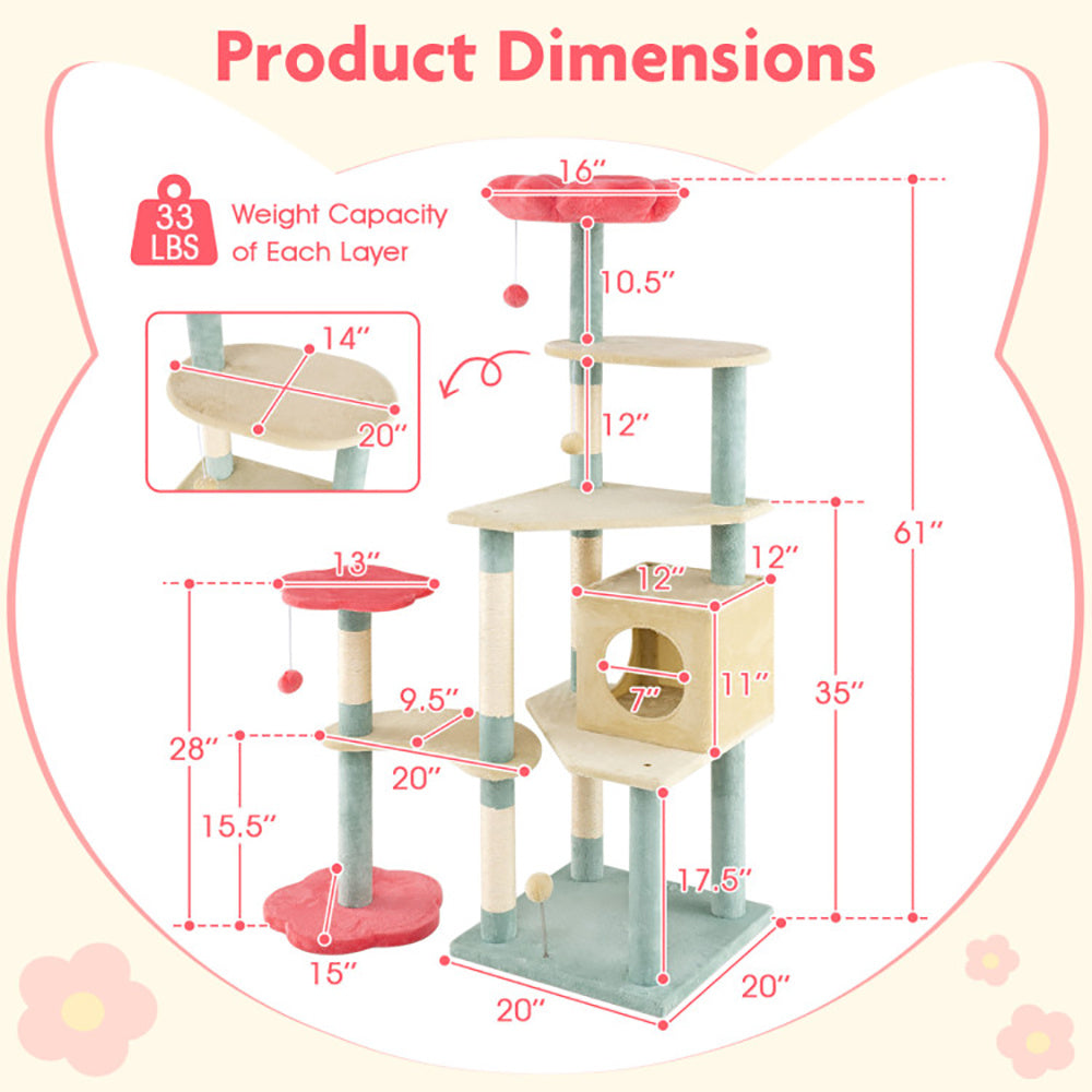 61 Inch Multi-Level Aesthetic Floral Kitten Tower With Flower-Shaped Padded Perch