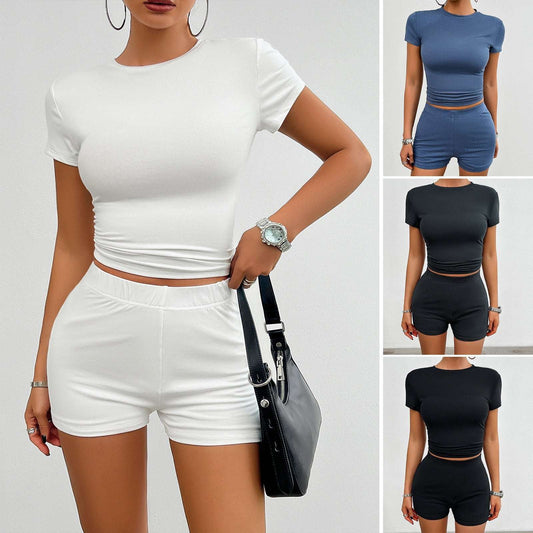 Solid Color Slim Sports Suit Summer 2Pcs Short-sleeved Round Neck T-shirt And Elastic Shorts Fashion Womens Clothing dress fashion novaa