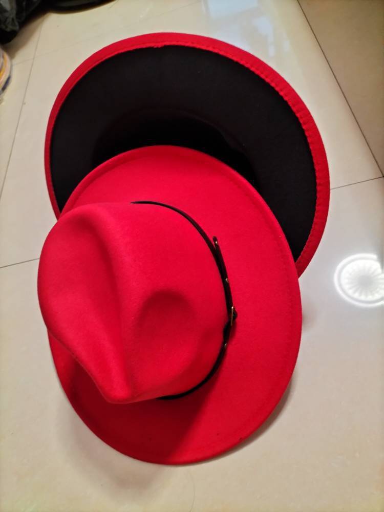 European And American Popular Woolen Top Color Matching Flat Brim Fedora Jazz Hat hat VISMERA Big red inner black M