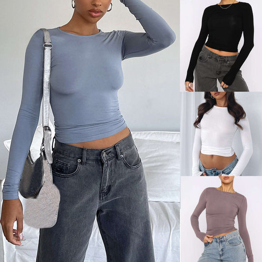 Women's Clothing Fashion Slim Long-sleeved Pullovers Tops Solid Causal Fit Shirts dress fashion novaa