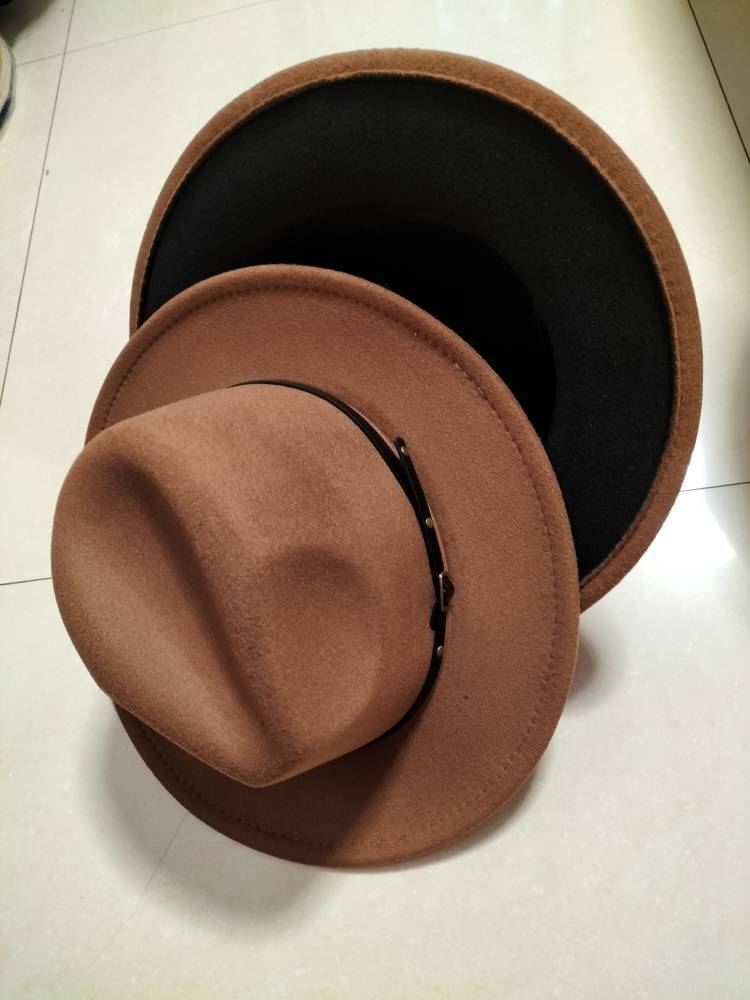 European And American Popular Woolen Top Color Matching Flat Brim Fedora Jazz Hat hat VISMERA Khaki inner black M
