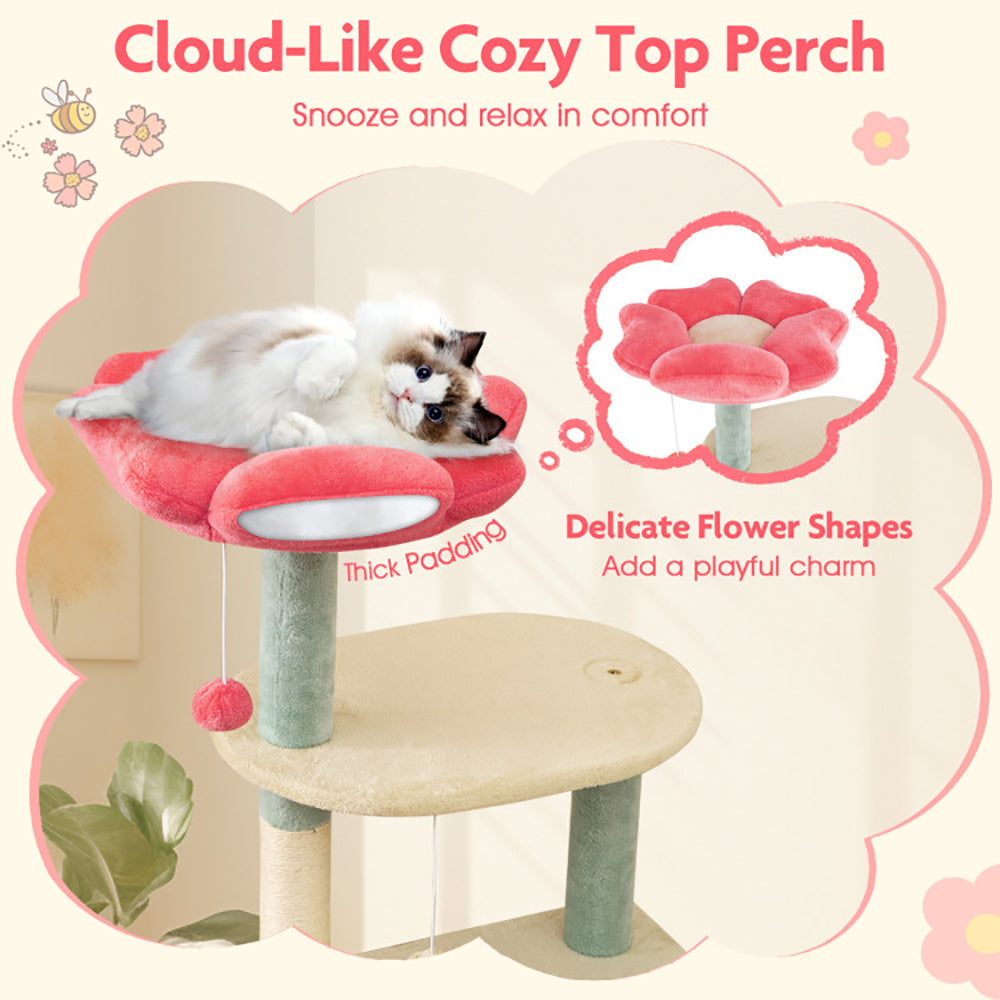 61 Inch Multi-Level Aesthetic Floral Kitten Tower With Flower-Shaped Padded Perch