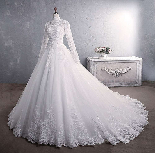 Lace Wedding Dress Bridal Stand-up Collar Long-sleeved Large Tail Large Size Wedding Dresses fashion novaa