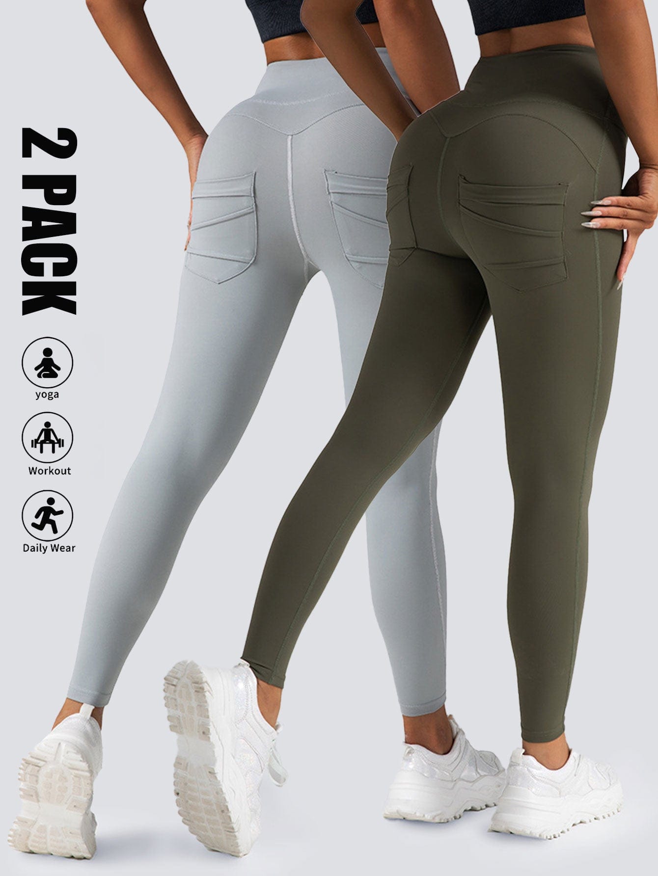 2 Pack High Waist Yoga Pants With Pockets, Tummy Control Workout Running Yoga Leggings For Women dress fashion novaa 2PACK1 L