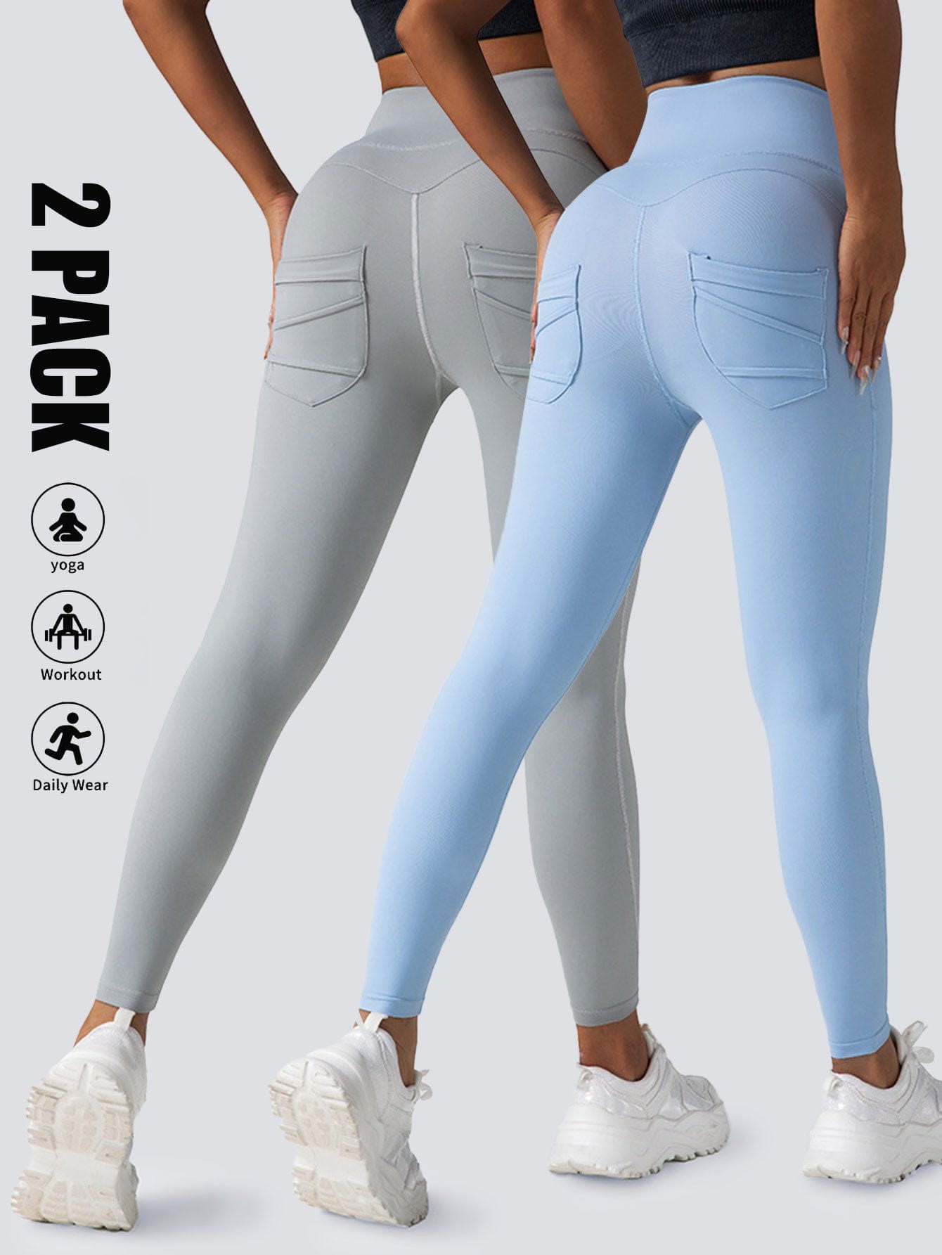 2 Pack High Waist Yoga Pants With Pockets, Tummy Control Workout Running Yoga Leggings For Women dress fashion novaa 2PACK3 L