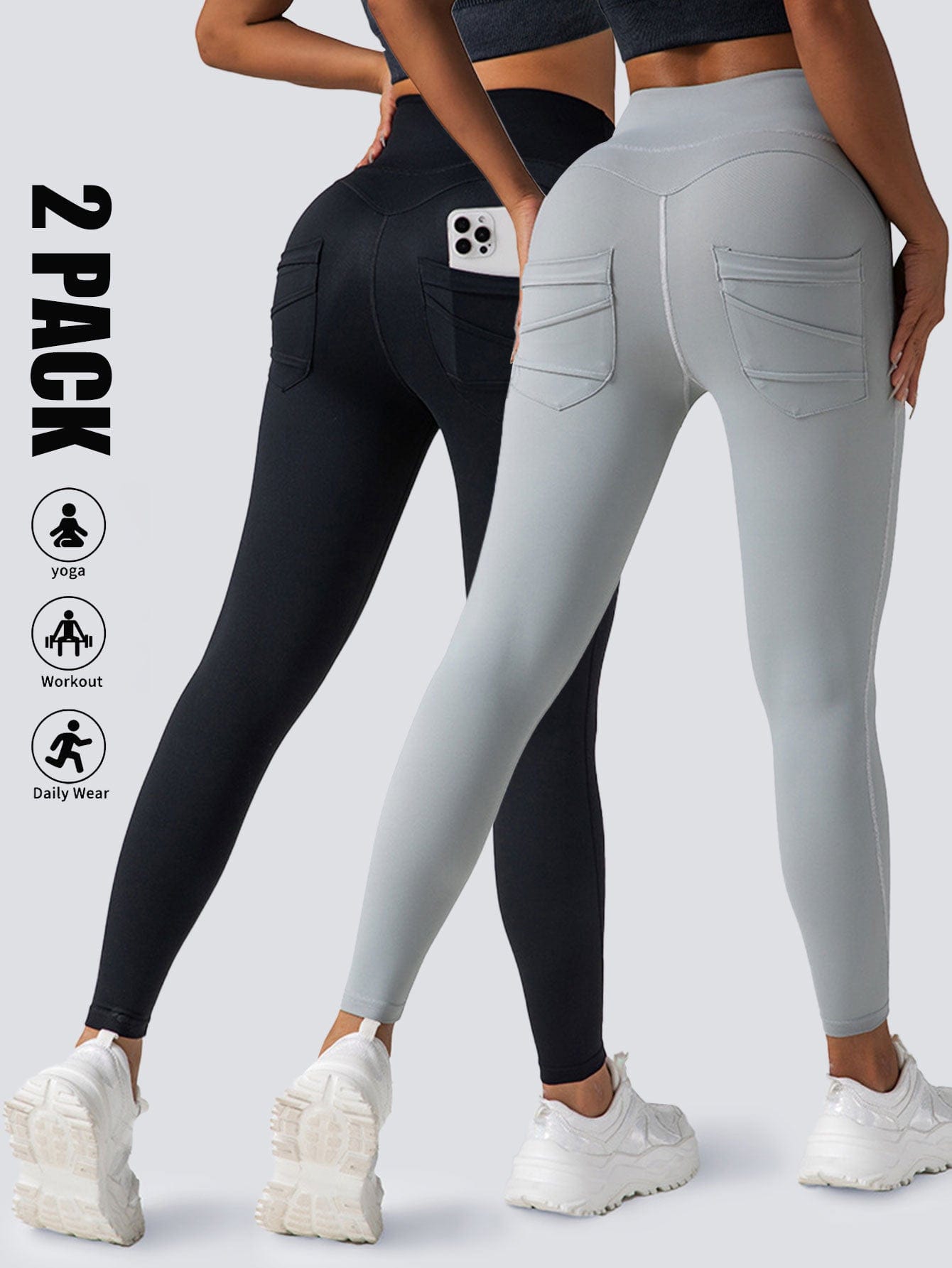 2 Pack High Waist Yoga Pants With Pockets, Tummy Control Workout Running Yoga Leggings For Women dress fashion novaa 2PACK4 L