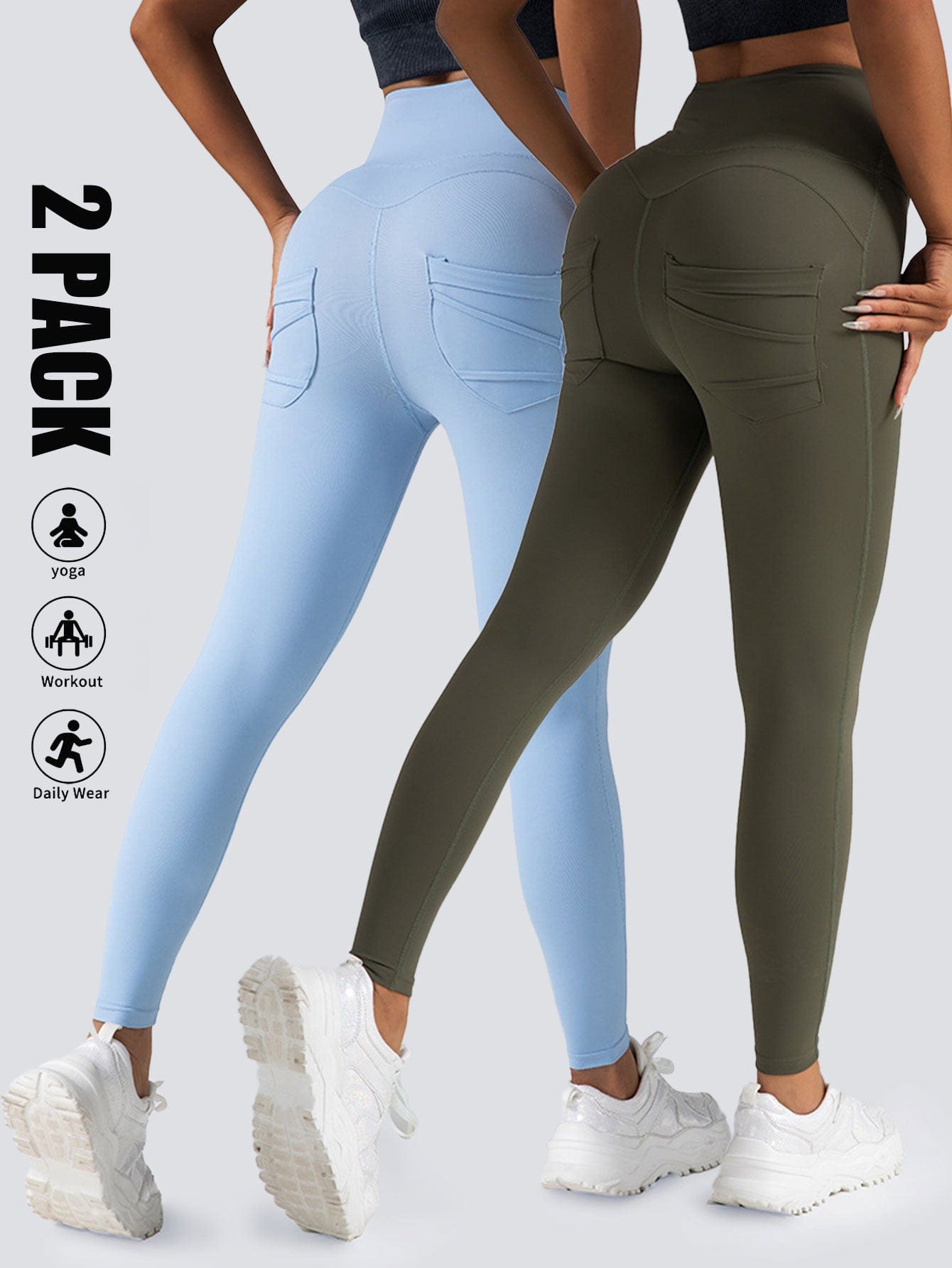 2 Pack High Waist Yoga Pants With Pockets, Tummy Control Workout Running Yoga Leggings For Women dress fashion novaa 2PACK5 L
