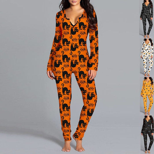 Halloween Printed Jumpsuit Long Sleeve Home Pajamas Casual Trousers Women's Cos Clothing dress fashion novaa