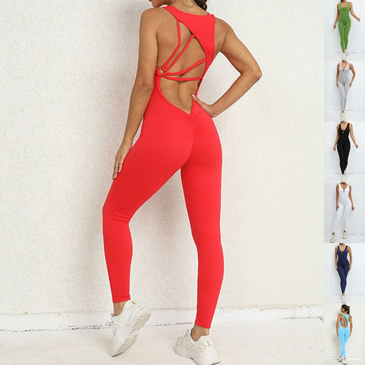 Yoga Jumpsuit V-shaped Back Design Sleeveless Fitness Running Sportswear Stretch Tights Pants For Womens Clothing dress fashion novaa