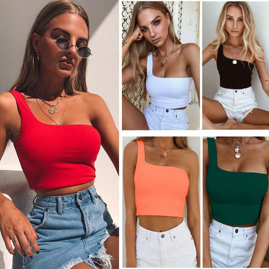 Summer Sexy One-shoulder Vest Crop Top Sleeveless T-Shirt Tank Tops Women Clothing dress fashion novaa
