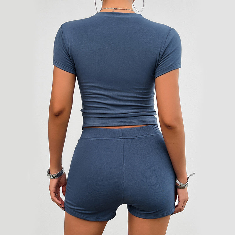 Solid Color Slim Sports Suit Summer 2Pcs Short-sleeved Round Neck T-shirt And Elastic Shorts Fashion Womens Clothing dress fashion novaa