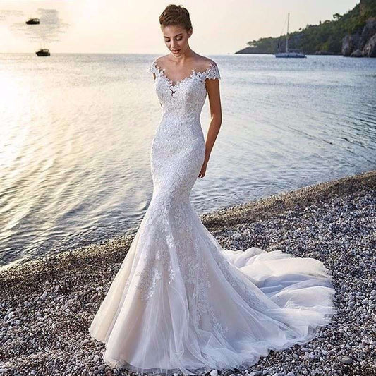 Princess Bride Mermaid Wedding Dress White Trailing Perspective Backless Lace Wedding Dress Wedding Dresses fashion novaa