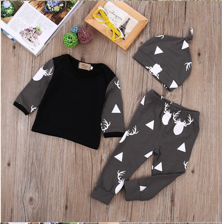 Autumn Cute Newborn Baby Girl Boy Clothes Deer Tops T Shirt Long Sleeve Pants Casual Hat 3pcs Outfits Set Autumn kids fashion novaa