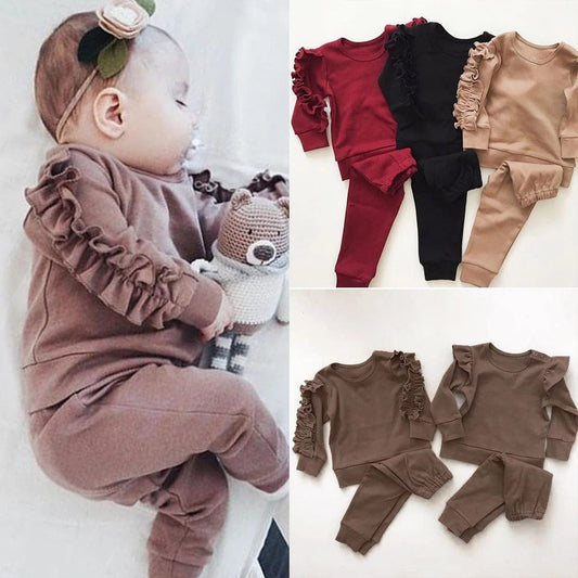 Newborn Baby Boys Girls Ruffles Jumper Solid Long Sleeve Sweatshirt Tops Pants Infant Kids 2Pcs Outfits Clothes Set Fall Clothes kids fashion novaa
