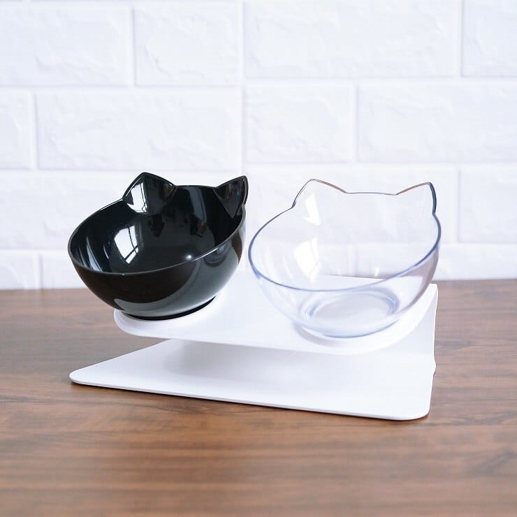 Non Slip Double Cat Bowl With Raised Stand Pet Food Cat Feeder Protect Cervical Vertebra Dog Bowl Transparent Pet Products pet Vismera Black transparent and box