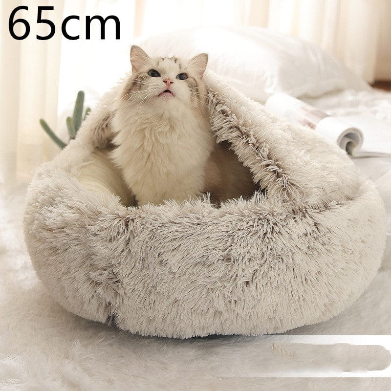 2 In 1 Dog And Cat Bed Pet Winter Bed Round Plush Warm Bed House Soft Long Plush Pets Bed Pet Products pet Vismera Brown 65cm