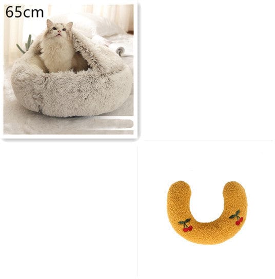 2 In 1 Dog And Cat Bed Pet Winter Bed Round Plush Warm Bed House Soft Long Plush Pets Bed Pet Products pet Vismera Brown 65cm SetA