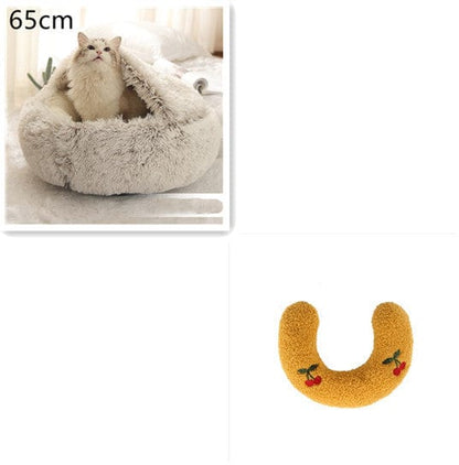 2 In 1 Dog And Cat Bed Pet Winter Bed Round Plush Warm Bed House Soft Long Plush Pets Bed Pet Products pet Vismera Brown 65cm SetA