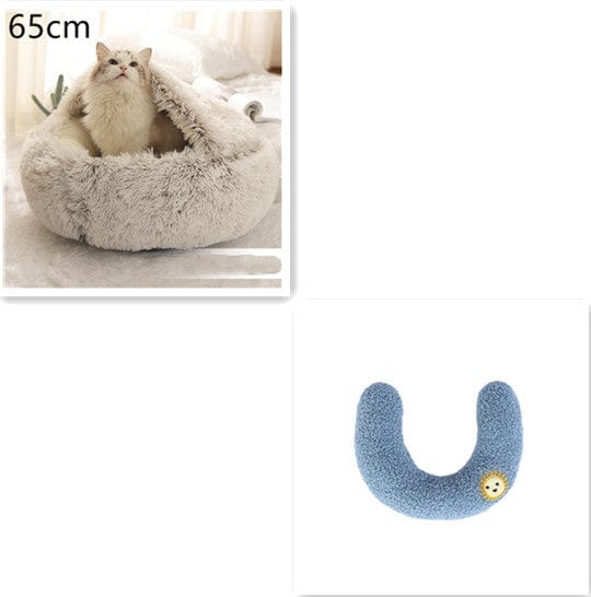 2 In 1 Dog And Cat Bed Pet Winter Bed Round Plush Warm Bed House Soft Long Plush Pets Bed Pet Products pet Vismera Brown 65cm SetD