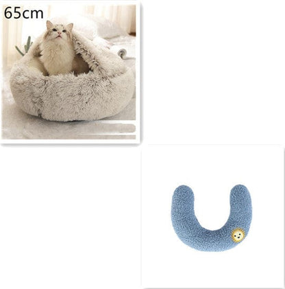2 In 1 Dog And Cat Bed Pet Winter Bed Round Plush Warm Bed House Soft Long Plush Pets Bed Pet Products pet Vismera Brown 65cm SetD