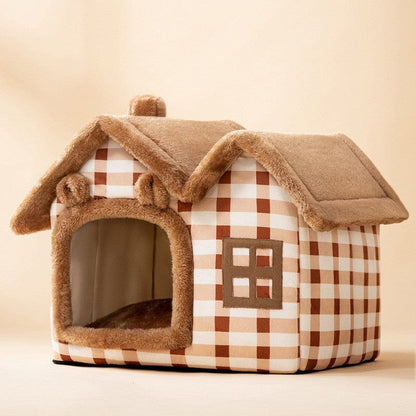 Foldable Dog House Pet Cat Bed Winter Dog Villa Sleep Kennel Removable Nest Warm Enclosed Cave Sofa Pets Supplies pet Vismera Double top lattice bear Large