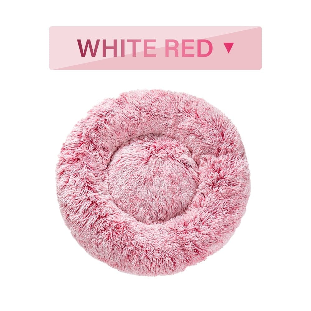 Fluffy Donut Dog Bed Warm Soft Long Plush Pet Cushion Dog House Cat Bed Washable Pet Sofa Mat Calming Samll Large Dog Beds pet Vismera L White Red without zipper