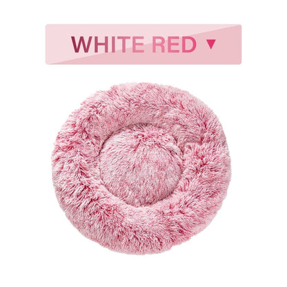 Fluffy Donut Dog Bed Warm Soft Long Plush Pet Cushion Dog House Cat Bed Washable Pet Sofa Mat Calming Samll Large Dog Beds pet Vismera L White Red without zipper
