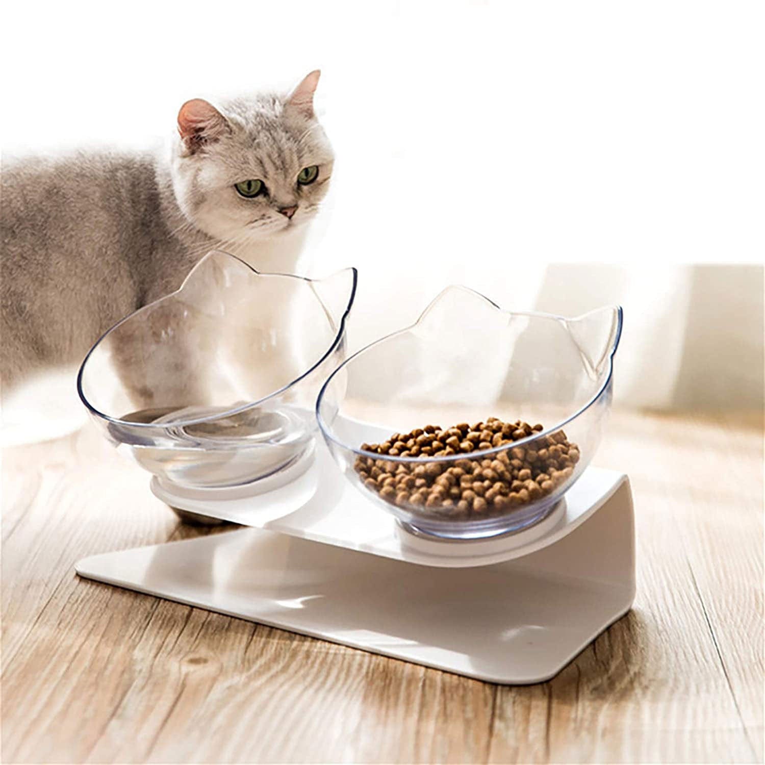 Non Slip Double Cat Bowl With Raised Stand Pet Food Cat Feeder Protect Cervical Vertebra Dog Bowl Transparent Pet Products pet Vismera