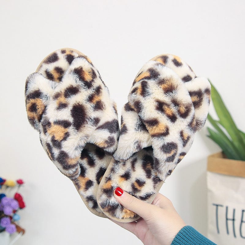 Cross-strap Fuzzy Slippers Leopard Plush House Shoes Flat Bedroom Slippers Slippers For Women shoes fashion novaa Beige leopard 36to37