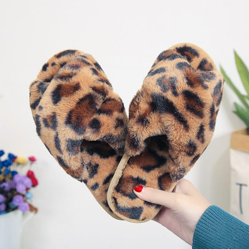 Cross-strap Fuzzy Slippers Leopard Plush House Shoes Flat Bedroom Slippers Slippers For Women shoes fashion novaa Brown leopard 36to37