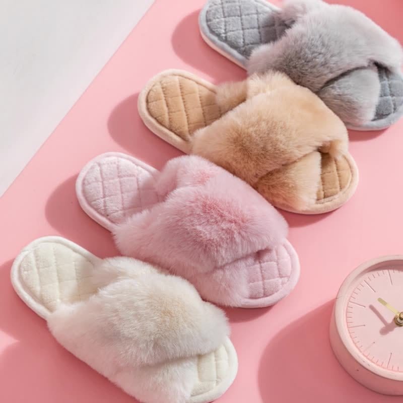 Cross-strap Furry Slippers Warm House Shoes For Women Winter Casual Flip Flops Fluffy Shoes Slides Soft Plush Home Indoor Slippers shoes fashion novaa
