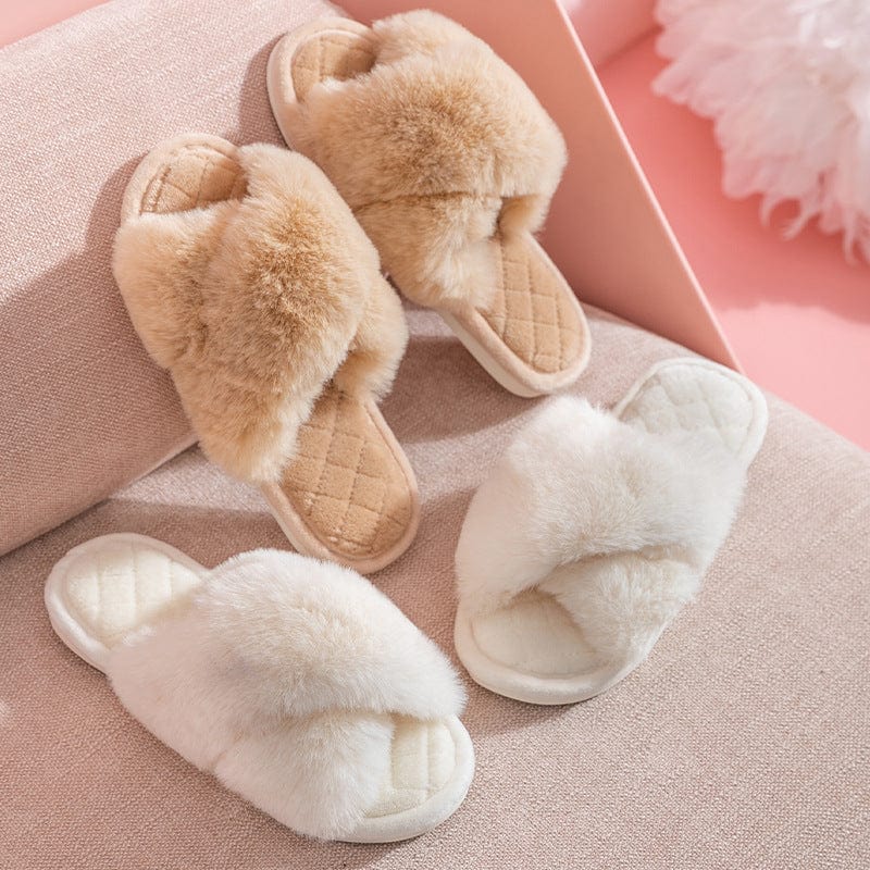 Cross-strap Furry Slippers Warm House Shoes For Women Winter Casual Flip Flops Fluffy Shoes Slides Soft Plush Home Indoor Slippers shoes fashion novaa
